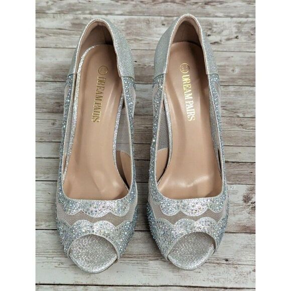 Dream Pairs Divine-01 Womens Sz 8.5 Silver Slip On Peep Toe Stiletto Pump Heels - Picture 3 of 10